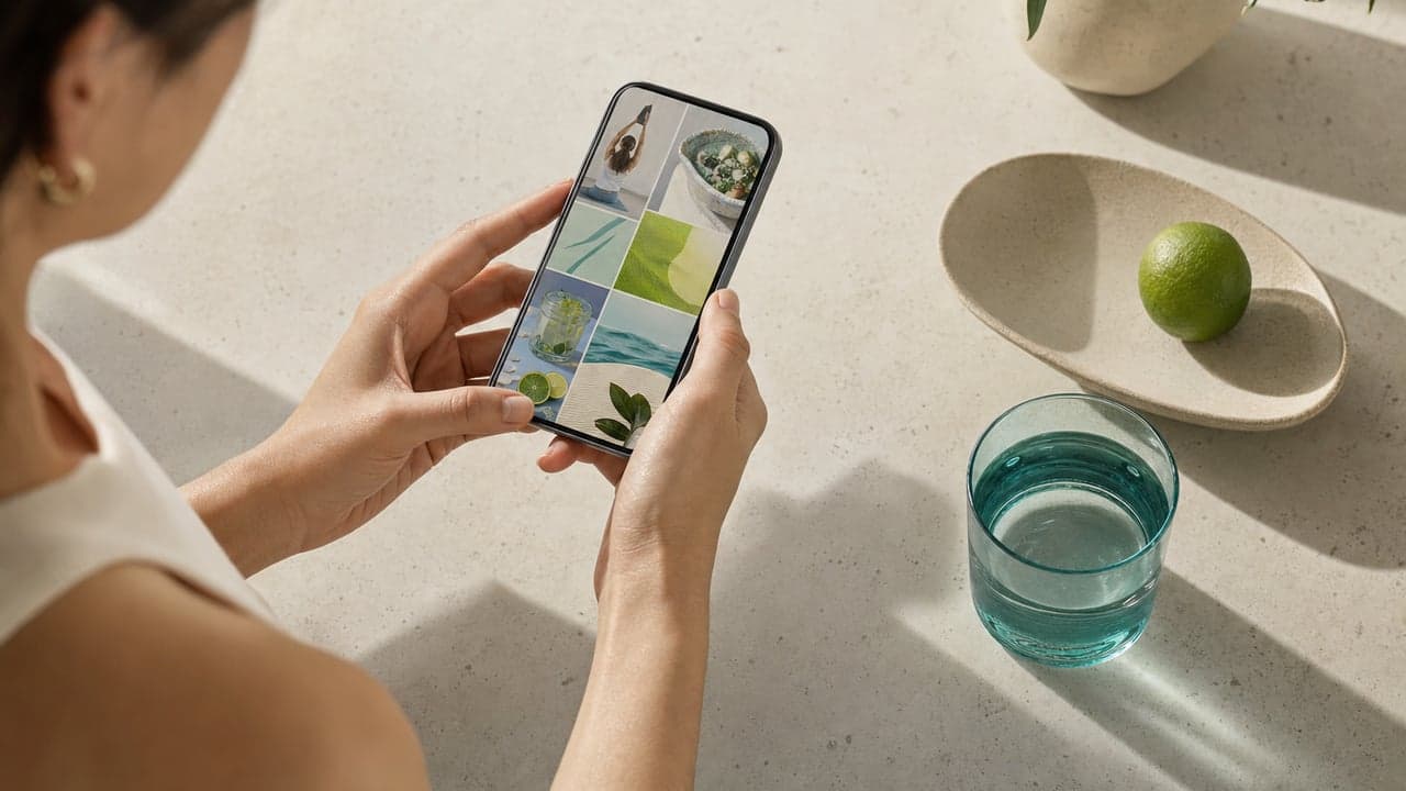 Mujer revisando en su celular imágenes de bienestar, junto a un vaso de agua y una lima