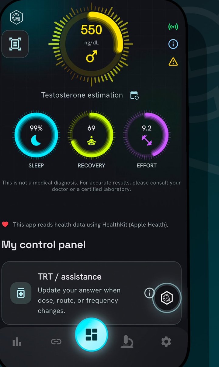 Pantalla real de Genius Hormo: testosterona estimada 550 ng/dL